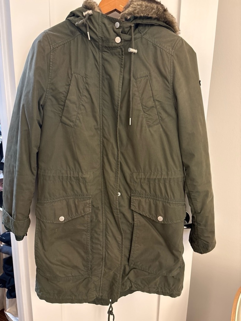 Tommy Hilfiger Olive Green Hooded Parka with Faux Fur Trim
